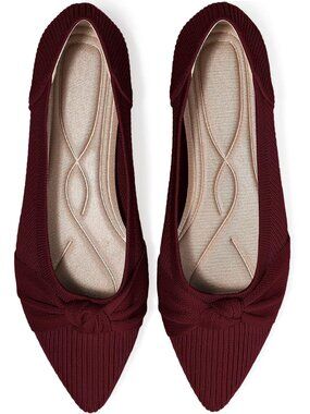 Women's Burgundy Knit Pointed Toe Flats Twist Knot Bow Breathable Comfort Loafer